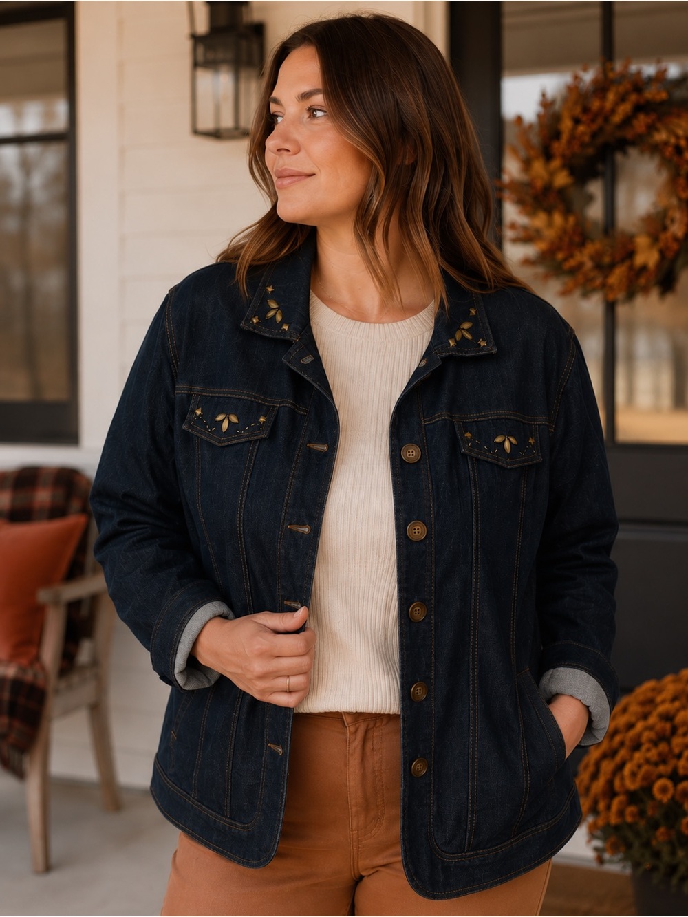 Vintage Charm | Tan Jay Embellished Dark Denim Jacket | 18W